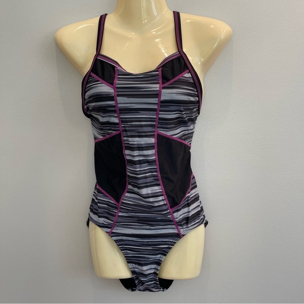 Athleta One-Piece Swim Suit Size Small Racer Back Bathing Suit Black Pink Stripe